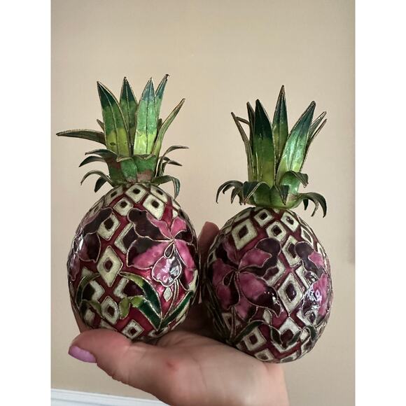 2 Vintage Cloisonné Enameled Pineapple Candlestick Holders Hollywood regency set - Picture 15 of 16